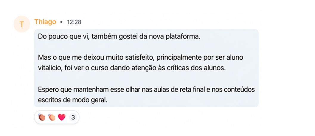 Comentário de aluna sobre a nova plataforma